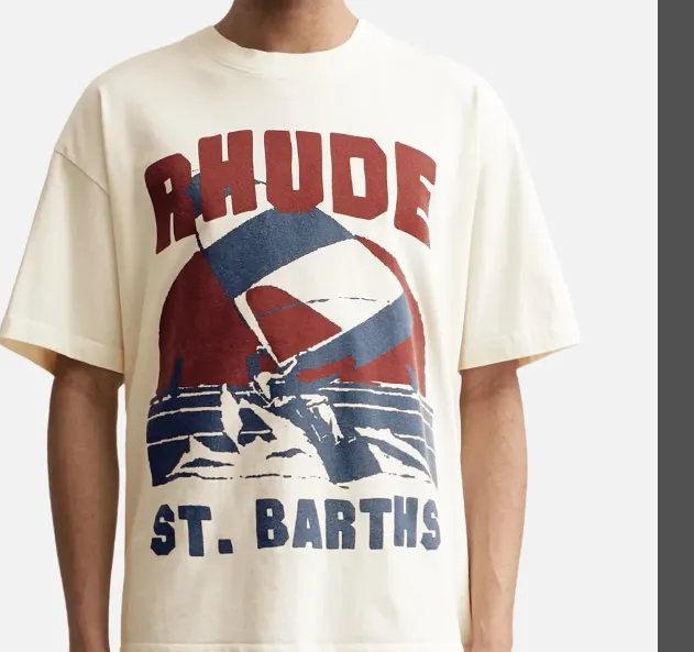 RHUDE WINDSURF T-SHIRT Wind Sports Retro Vintage English Printed Short sleeved T-shirt in beige S M L XL