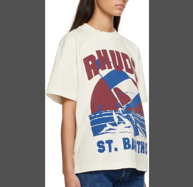 RHUDE WINDSURF T-SHIRT Wind Sports Retro Vintage English Printed Short sleeved T-shirt in beige S M L XL