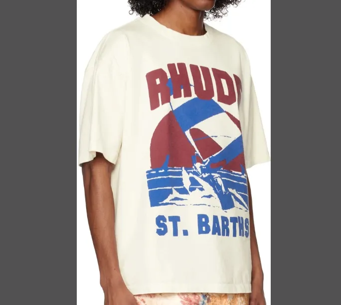 RHUDE WINDSURF T-SHIRT Wind Sports Retro Vintage English Printed Short sleeved T-shirt in beige S M L XL