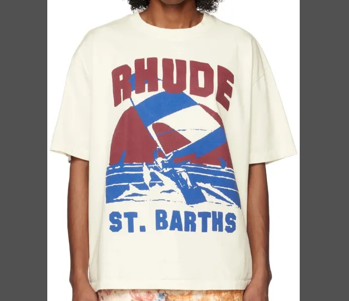 RHUDE WINDSURF T-SHIRT Wind Sports Retro Vintage English Printed Short sleeved T-shirt in beige S M L XL