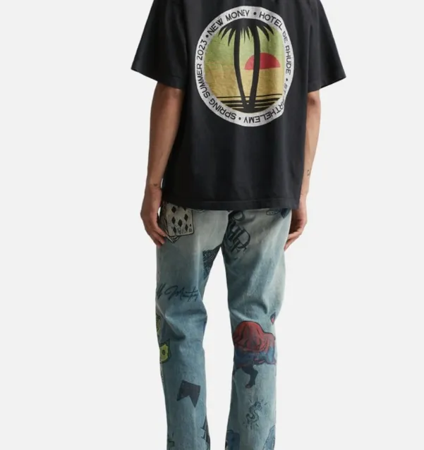 RHUDE Summer Retro Coconut Tree Sunset Printed Short sleeved T-shirt Black S-XL Size