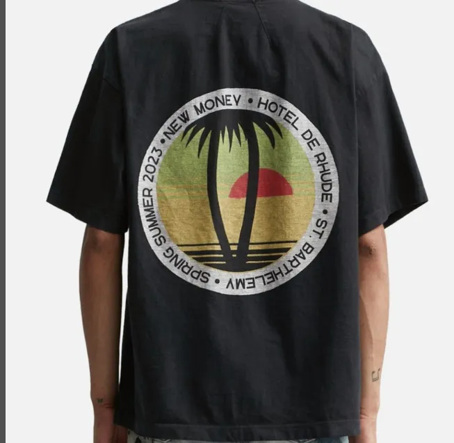 RHUDE Summer Retro Coconut Tree Sunset Printed Short sleeved T-shirt Black S-XL Size