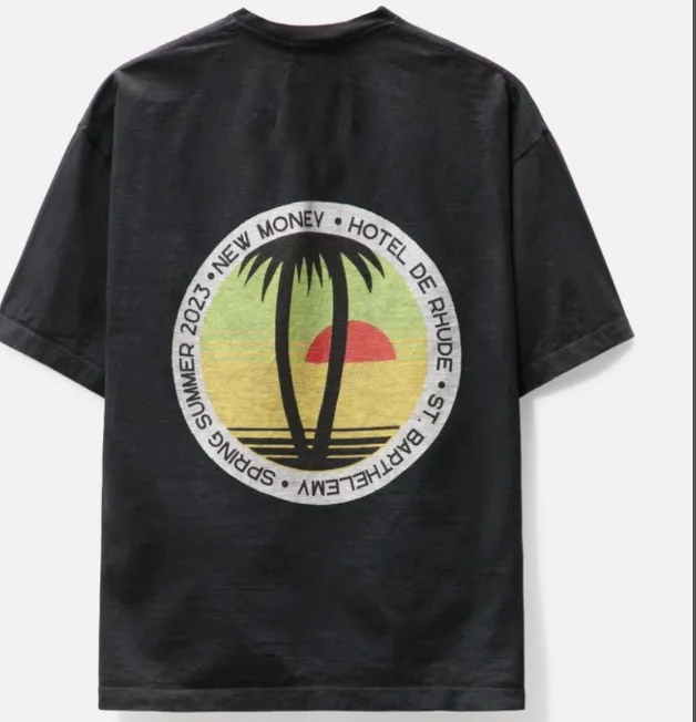 RHUDE Summer Retro Coconut Tree Sunset Printed Short sleeved T-shirt Black S-XL Size