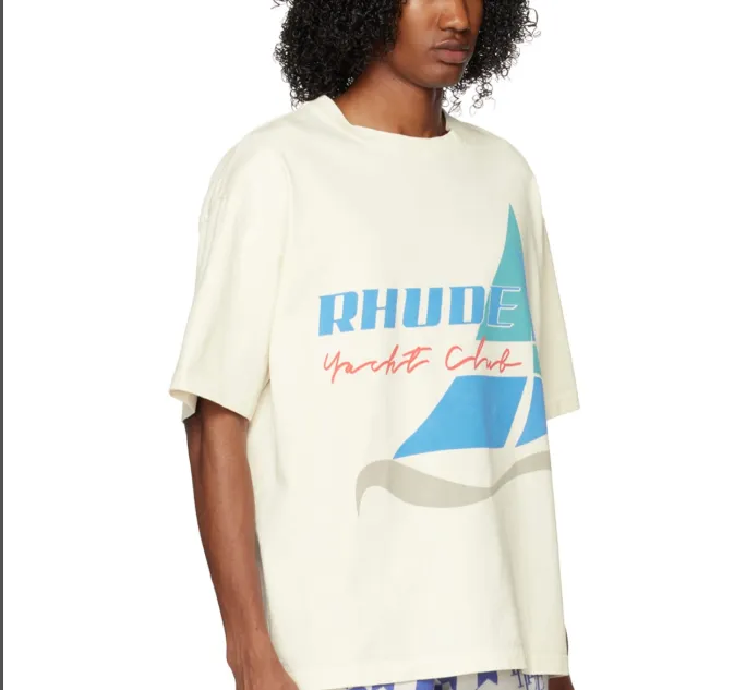 RHUDE Summer Sailing Slogan Logo Printed Retro Short sleeved T-shirt White S-XL Size