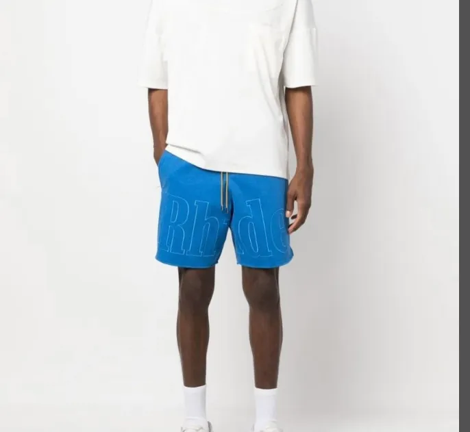 RHUDE Summer Letter Logo Embroidered Drawstring Shorts Khaki Blue S-XL Size