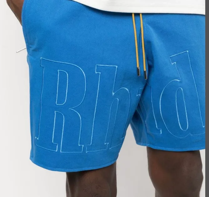 RHUDE Summer Letter Logo Embroidered Drawstring Shorts Khaki Blue S-XL Size