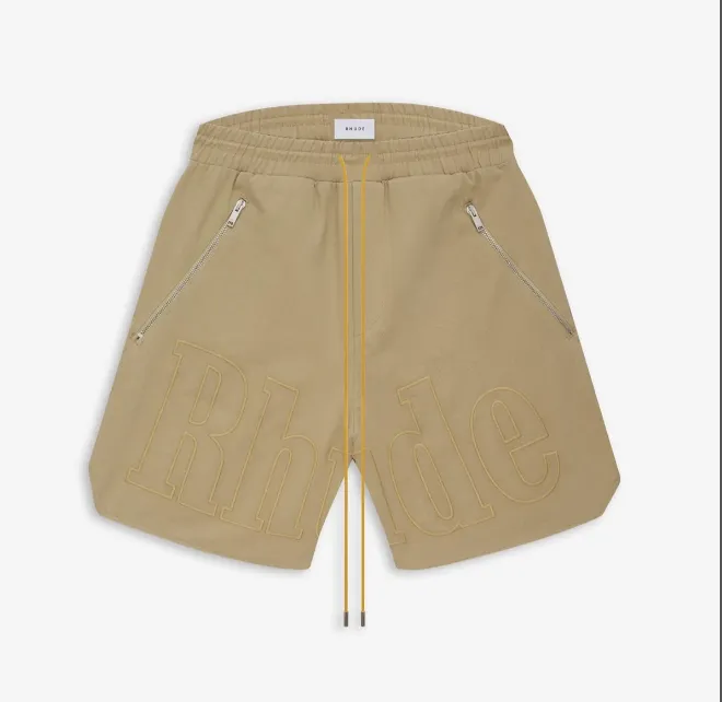 RHUDE Summer Letter Logo Embroidered Drawstring Shorts Khaki Blue S-XL Size