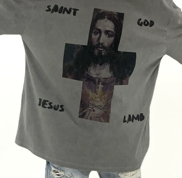 SAINT MICHAEL CHO "God is Faith" Limited Edition White Ink Direct Spray Printing Heavy Weight Aging Washing Craft High Street Short Sleeve Special Cement Grey Texture Invincible Texture Size: S M L XL