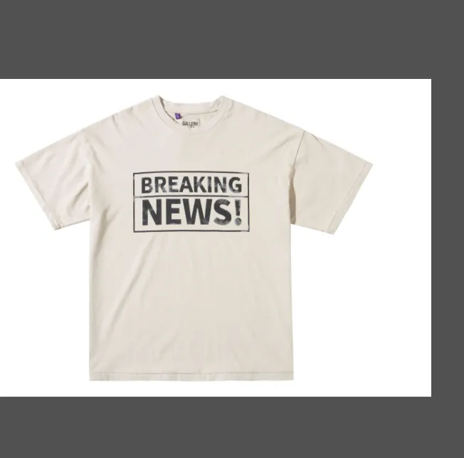 Gallery Dept Breaking News Tee Slogan Letter Printing Damaged Washed Short Sleeve T-shirt Rice Apricot S M L XL