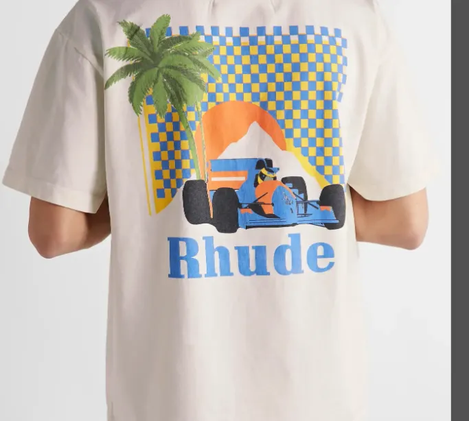 RHUDE MOONLIGHT TROPICS TEE Palm Tree Racing Pattern Retro Vintage Printed Round Neck Short Sleeve T-shirt Black Beige S M L XL