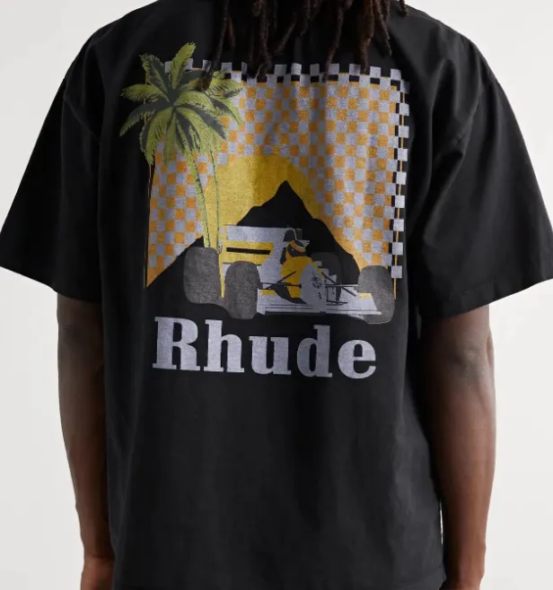 RHUDE MOONLIGHT TROPICS TEE Palm Tree Racing Pattern Retro Vintage Printed Round Neck Short Sleeve T-shirt Black Beige S M L XL