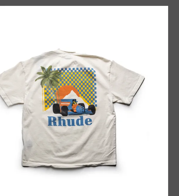 RHUDE MOONLIGHT TROPICS TEE Palm Tree Racing Pattern Retro Vintage Printed Round Neck Short Sleeve T-shirt Black Beige S M L XL