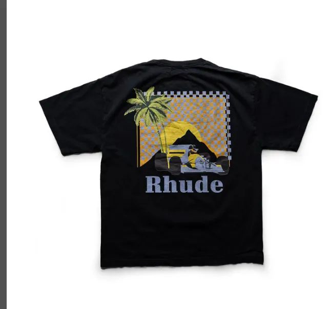 RHUDE MOONLIGHT TROPICS TEE Palm Tree Racing Pattern Retro Vintage Printed Round Neck Short Sleeve T-shirt Black Beige S M L XL