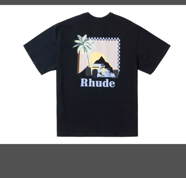 RHUDE MOONLIGHT TROPICS TEE Palm Tree Racing Pattern Retro Vintage Printed Round Neck Short Sleeve T-shirt Black Beige S M L XL