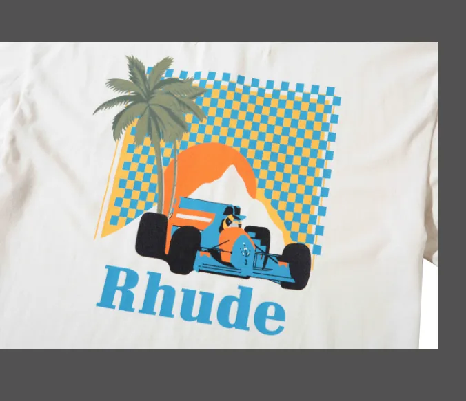 RHUDE MOONLIGHT TROPICS TEE Palm Tree Racing Pattern Retro Vintage Printed Round Neck Short Sleeve T-shirt Black Beige S M L XL