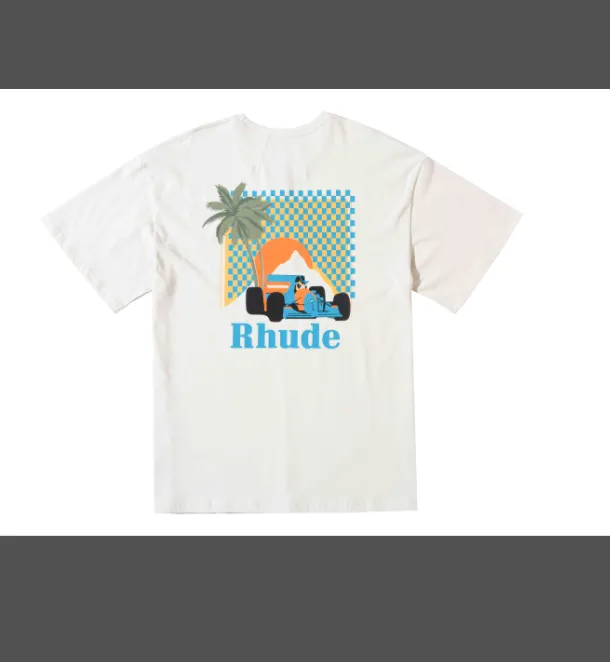 RHUDE MOONLIGHT TROPICS TEE Palm Tree Racing Pattern Retro Vintage Printed Round Neck Short Sleeve T-shirt Black Beige S M L XL