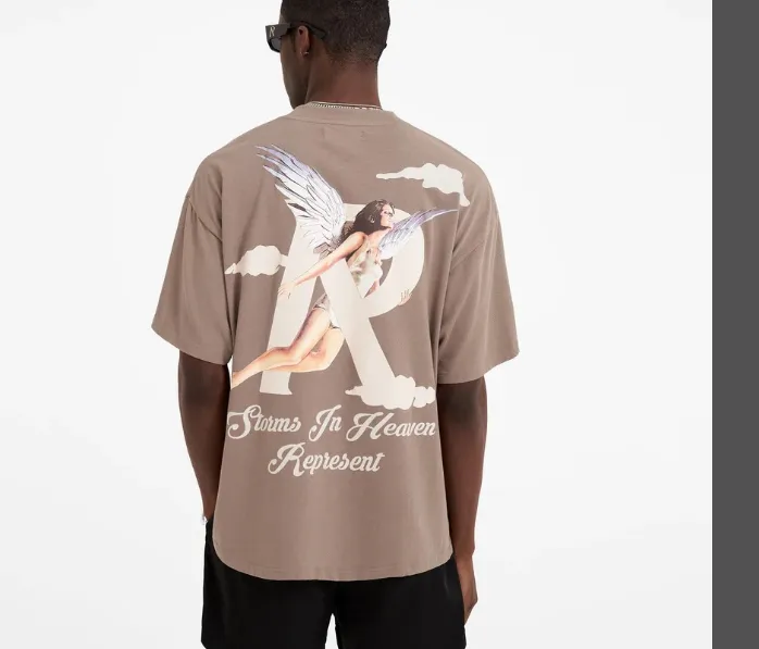 REPRESENT STORMS IN HEAVEN T-SHIRT Cloudy Angel Girl Printed Water Washed Retro Short Sleeve T-shirt Brown Grey Black White S M L XL