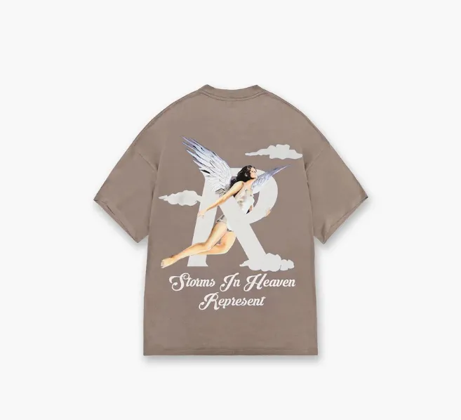 REPRESENT STORMS IN HEAVEN T-SHIRT Cloudy Angel Girl Printed Water Washed Retro Short Sleeve T-shirt Brown Grey Black White S M L XL