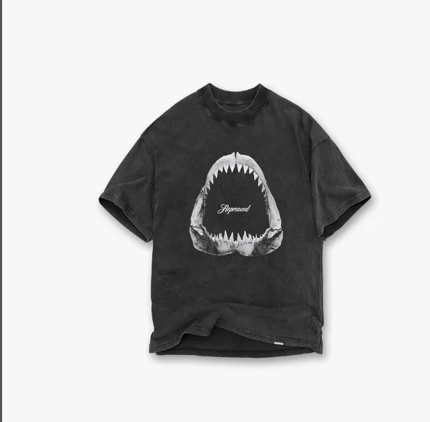 Representative Shark Teeth Logo Printed Retro Short Sleeve T-shirt, Aged Black and White, Black S-XL Size