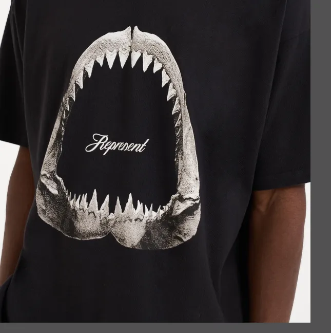 Representative Shark Teeth Logo Printed Retro Short Sleeve T-shirt, Aged Black and White, Black S-XL Size