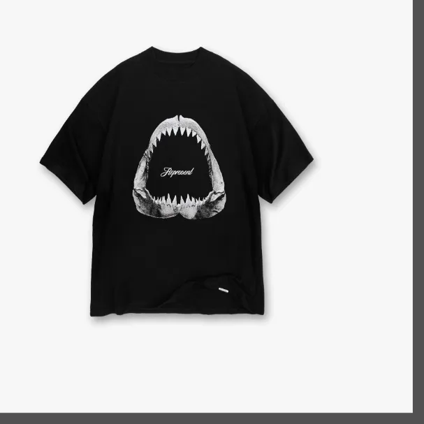 Representative Shark Teeth Logo Printed Retro Short Sleeve T-shirt, Aged Black and White, Black S-XL Size