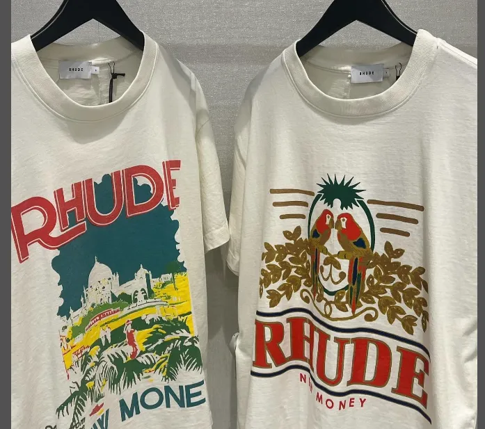 RHUDE Summer Macaw Flower Slogan Short Sleeve T-shirt White S-XL Size