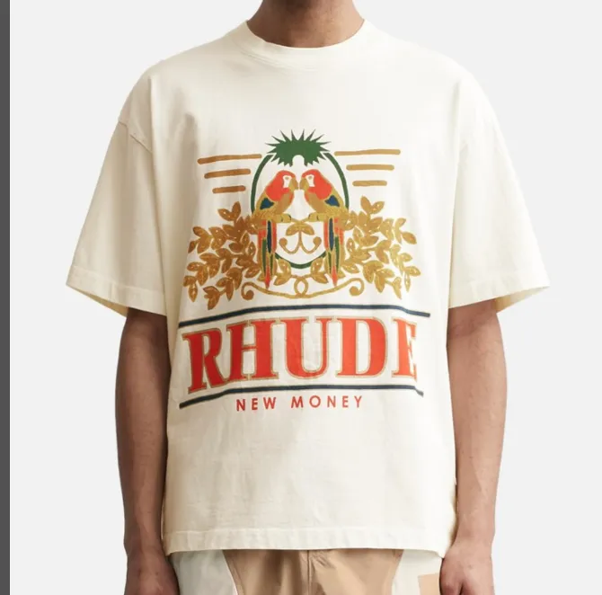 RHUDE Summer Macaw Flower Slogan Short Sleeve T-shirt White S-XL Size