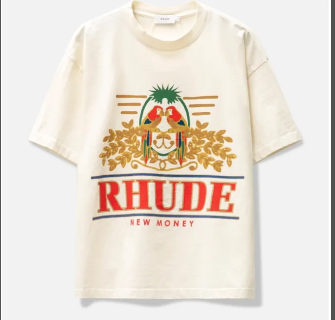 RHUDE Summer Macaw Flower Slogan Short Sleeve T-shirt White S-XL Size