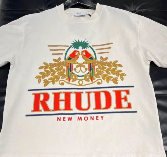 RHUDE Summer Macaw Flower Slogan Short Sleeve T-shirt White S-XL Size