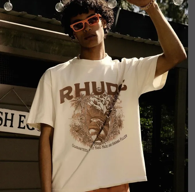 RHUDE Summer Flower Logo Printed Retro Short sleeved T-shirt White S-XL Size