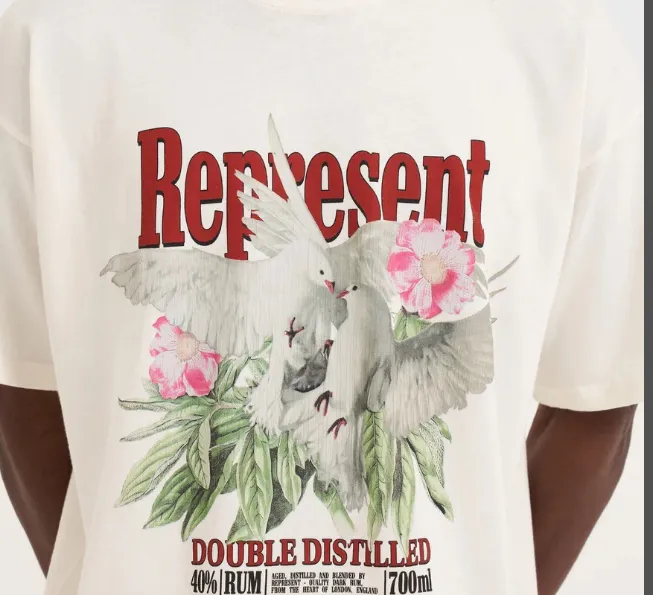 REPRESENT Double DISTILLED T-SHIRT Floral Peace Dove Retro English Printed Short Sleeve T-shirt White Black S M L XL