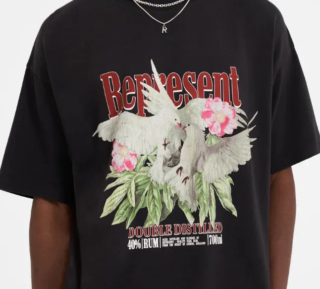 REPRESENT Double DISTILLED T-SHIRT Floral Peace Dove Retro English Printed Short Sleeve T-shirt White Black S M L XL