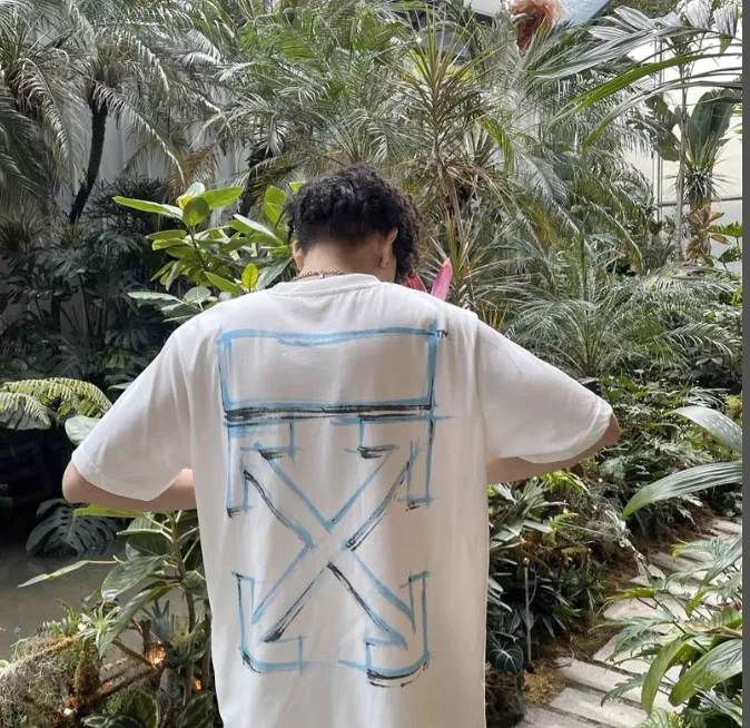 OFF-WHITE New Mark Pen Line Arrow Blue Printed Pattern Short Sleeve