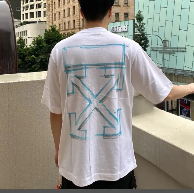 OFF-WHITE New Mark Pen Line Arrow Blue Printed Pattern Short Sleeve