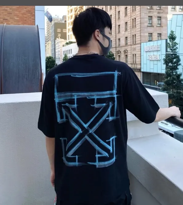 OFF-WHITE New Mark Pen Line Arrow Blue Printed Pattern Short Sleeve