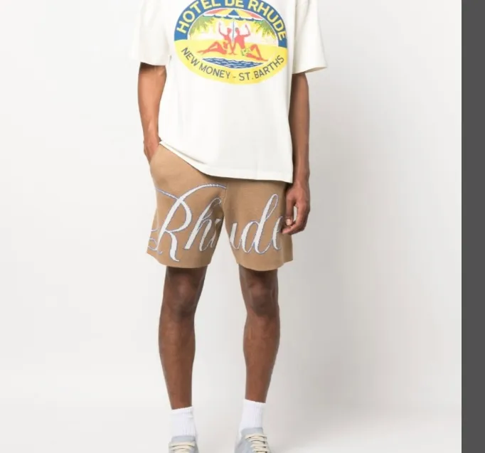 RHUDE letter logo jacquard drawstring yarn high street shorts khaki lake blue S-XL size