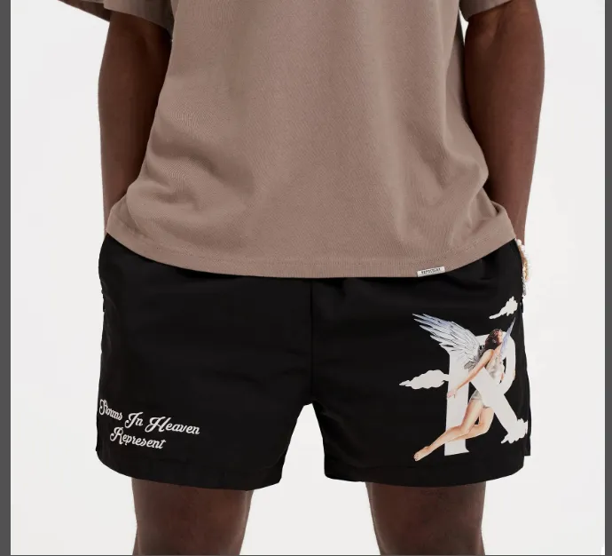 REPRESENT 23SS STORMS IN HEAVEN SHOPTS Retro American English Embroidered Angel Printed Sports Shorts