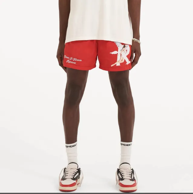 REPRESENT 23SS STORMS IN HEAVEN SHOPTS Retro American English Embroidered Angel Printed Sports Shorts