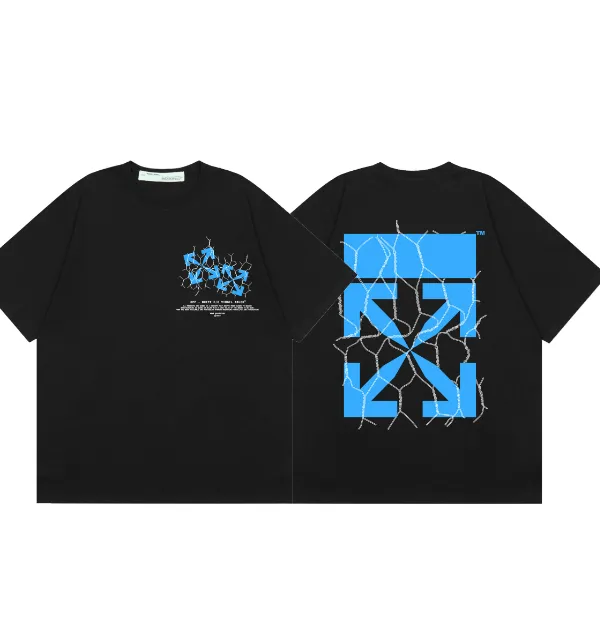 OFF-WHITE New Blue Arrow Lightning Wire Mesh Printed Short Sleeve