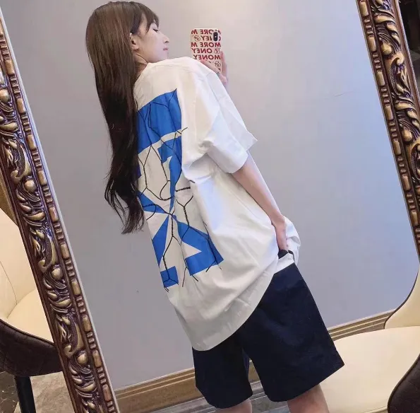 OFF-WHITE New Blue Arrow Lightning Wire Mesh Printed Short Sleeve