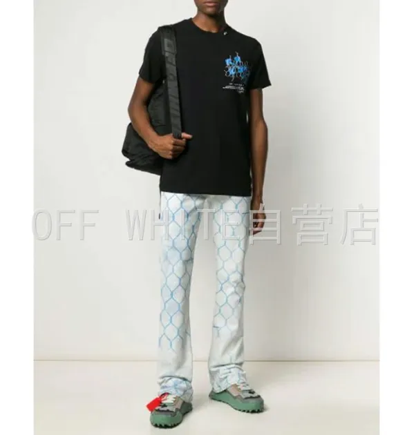 OFF-WHITE New Blue Arrow Lightning Wire Mesh Printed Short Sleeve