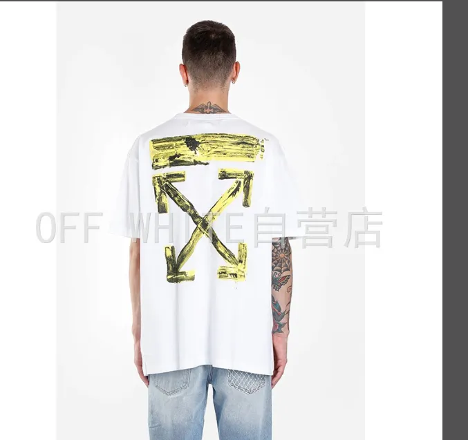 OFF-WHITE New Yellow Graffiti Brushed Arrow Printed Pattern Short Sleeve