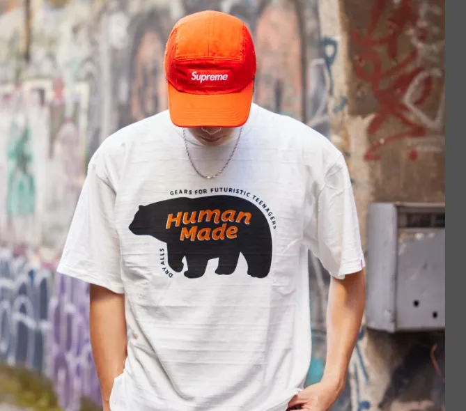 HUAMAN MADE Polar Bear Cartoon English Printed Round Neck Bamboo Cotton Short Sleeve T-shirt Black White S M L XL