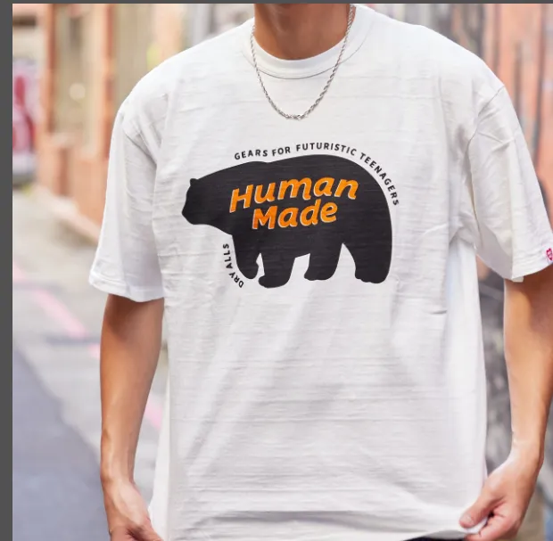 HUAMAN MADE Polar Bear Cartoon English Printed Round Neck Bamboo Cotton Short Sleeve T-shirt Black White S M L XL