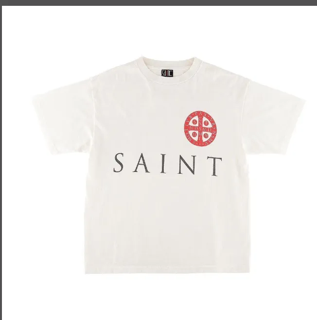 Saint Michael Vintage Letter Cross Circle Printed Short sleeved T-shirt White S-XL