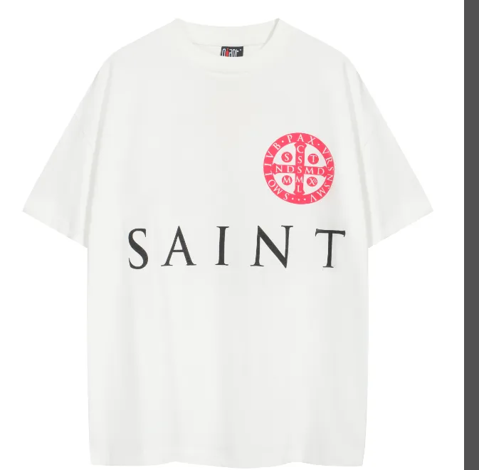 Saint Michael Vintage Letter Cross Circle Printed Short sleeved T-shirt White S-XL