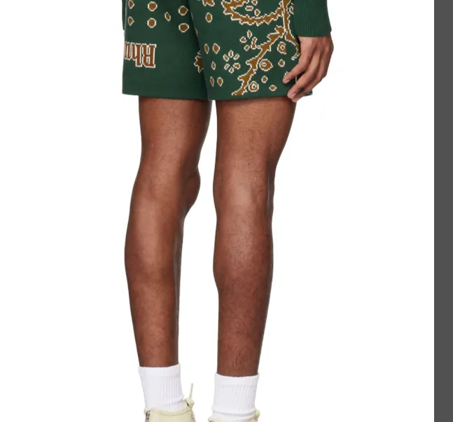 RHUDE Retro Cashew Flower Drawstring Knitted Shorts in Dark Green S-XL Size