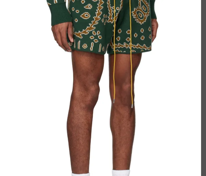 RHUDE Retro Cashew Flower Drawstring Knitted Shorts in Dark Green S-XL Size