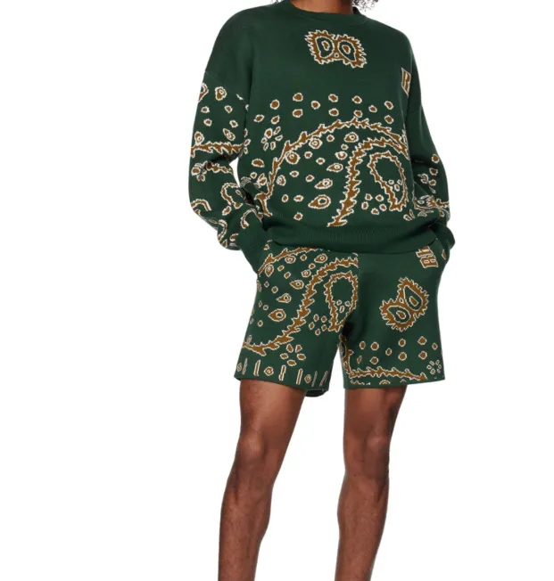 RHUDE Retro Cashew Flower Drawstring Knitted Shorts in Dark Green S-XL Size