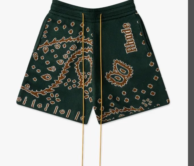 RHUDE Retro Cashew Flower Drawstring Knitted Shorts in Dark Green S-XL Size